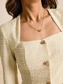 Poéselle 女款奶油色針織粗花呢印花兩件式套裝，方領單排扣西裝外套與寬腿長褲，秋冬開學季時尚通勤必備 - 白色 - 查看 8