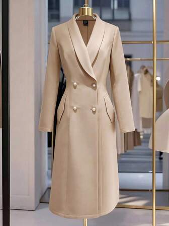 GlowEve Women's Solid Color Double-Breasted Shoulder Pads Long Sleeve Fashion Shawl Neck Long Waisted Regular Jacket