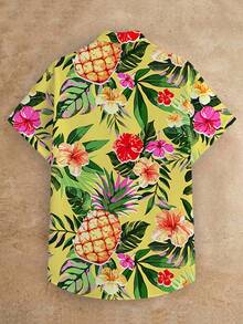 Manfinity BRENVOR Camisa casual de manga corta con estampado tropical para vacaciones de hombres - Amarillo - Ver 2