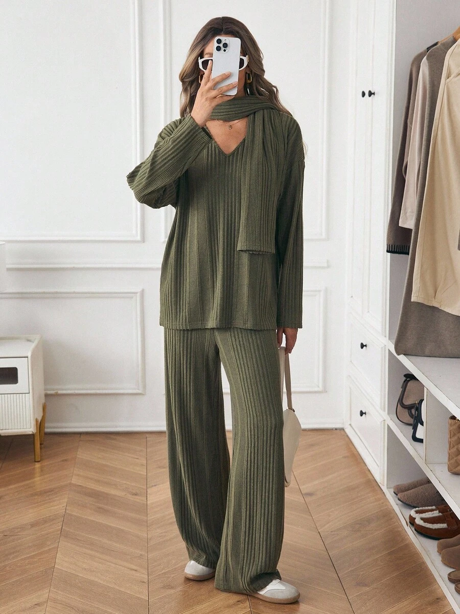 Louniche Women's Casual Minimalist Textured Fabric Straight Loose Top And Straight Leg Pants Two Pieces Set, Autumn/Winter - Army Green - View 1