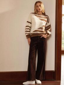 Écloséra Femmes Vintage Décontracté Épaule Tombante Manches Longues Chandail Rayé Contrasté, Automne/Hiver
