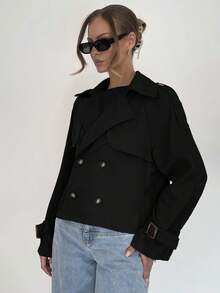 Siren Gaze Áo khoác trench coat cài nút rút dây trơn màu dành cho nữ - màu đen - Xem 4
