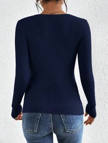SHEIN Frenchy 女式休闲纯色罗纹针织V领扭纹前襟毛衣，秋冬 - 藏蓝色 - 查看 2