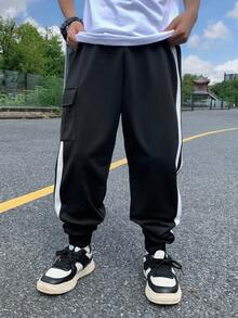 SHEIN 青少年男孩休闲宽松黑白丝带口袋工装运动裤慢跑裤套装，适合上学、居家、日常穿着、运动、生日派对、郊游、百搭且多功能 - 黑色 - 查看 3