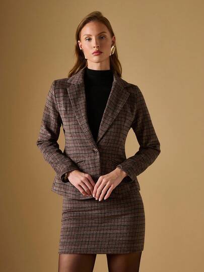 Briarwyn 女士时尚通勤格子西装外套和半身裙两件套，西装外套半身裙套装，女士粗花呢夹克，女士棕色西装外套，女士优雅套装，女士剪裁套装，复古风格女士