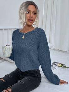 EMERY ROSE 女士休闲纯色落肩宽松罗纹针织套头毛衣灰色毛衣灰色套头衫 - 藍色 - 查看 5