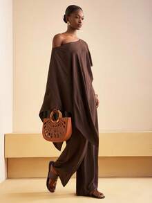 Zivah 2025 秋季新款音乐节、复活节、圣帕特里克节、西部风、游牧风、生日派对、毕业典礼、学院风、学生装、日常休闲、百搭百搭、休闲、邮轮旅行、海滩、日光浴、网络热播、街头潮流、婚礼宾客波西米亚风、通勤、早午餐、机场、派对、节日出游、优雅盛典、女士宽松亚麻不对称肩部斗篷上衣（棕色）和裤子 - 棕色 - 查看 5