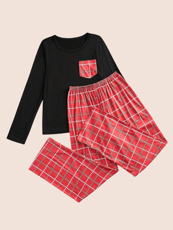 Manfinity Underwear&Sleepwear Basics 2 piezas Conjunto de pijama de pantalón y top de manga larga con cuello redondo a cuadros para mujer (suave y cómodo para usar en casa), ropa de otoño