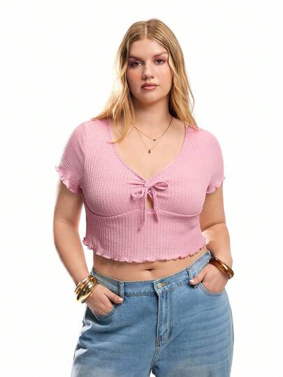 Solavibe 情人节，女士加大码短袖网格 V 领前系带蝴蝶结纯色短款上衣，适合夏季