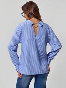 Avenya Casual Commuter Hollow-Out Metal Buckle Striped Shirt - Blue and White - View 6
