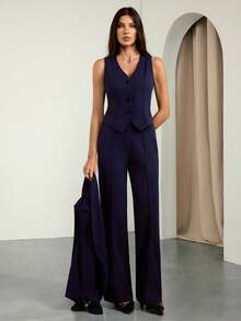 SHEIN Tall 3 件套：深蓝色长袖西装外套、背心和裤子，性感通勤和约会装，秋冬 - 藏蓝色 - 查看 7