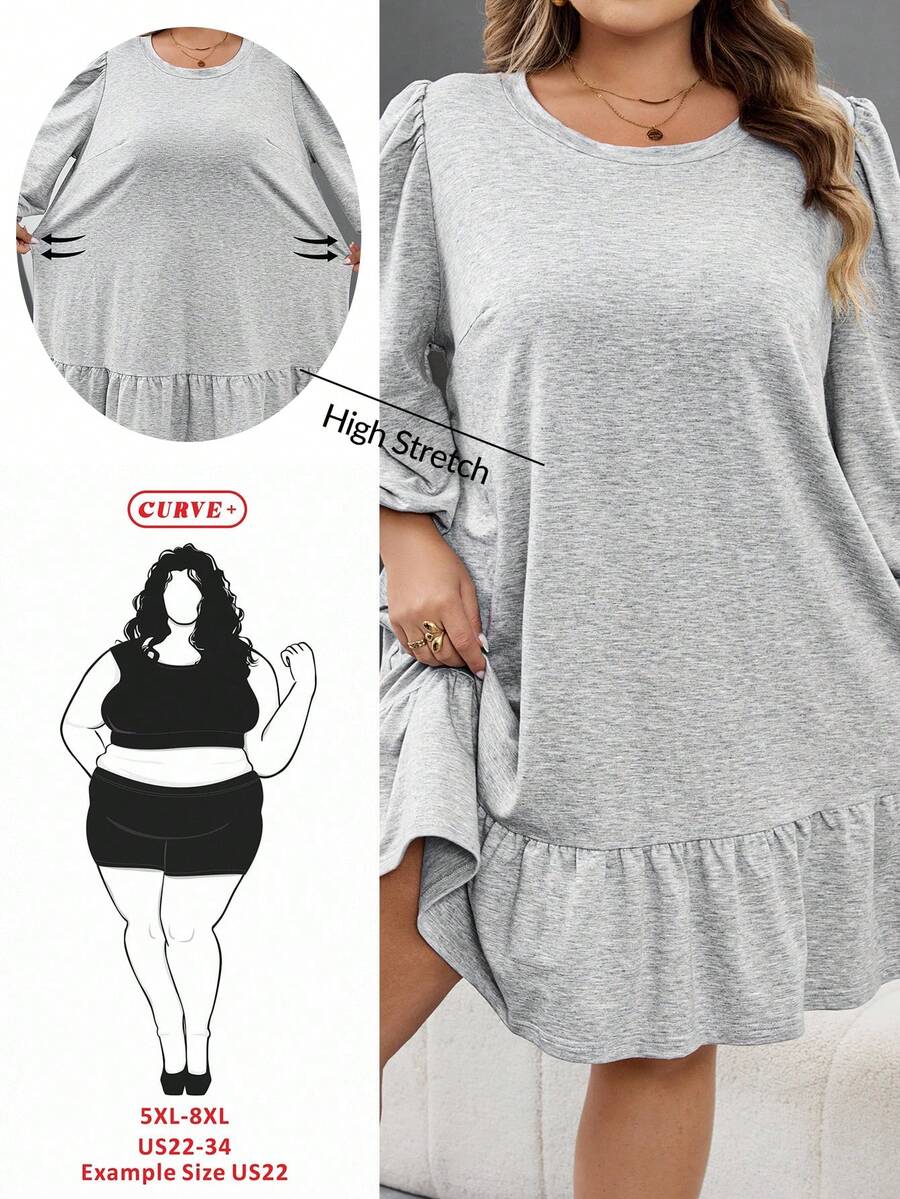 SHEIN CURVE+ Plus Size Casual Loose Gray Round Neck 3/4 Sleeve Ruffle Hem Sweatshirt Dress, Women Autumn Dress,Fall Clothes For Women/Autumn /Winter - Grey - View 1