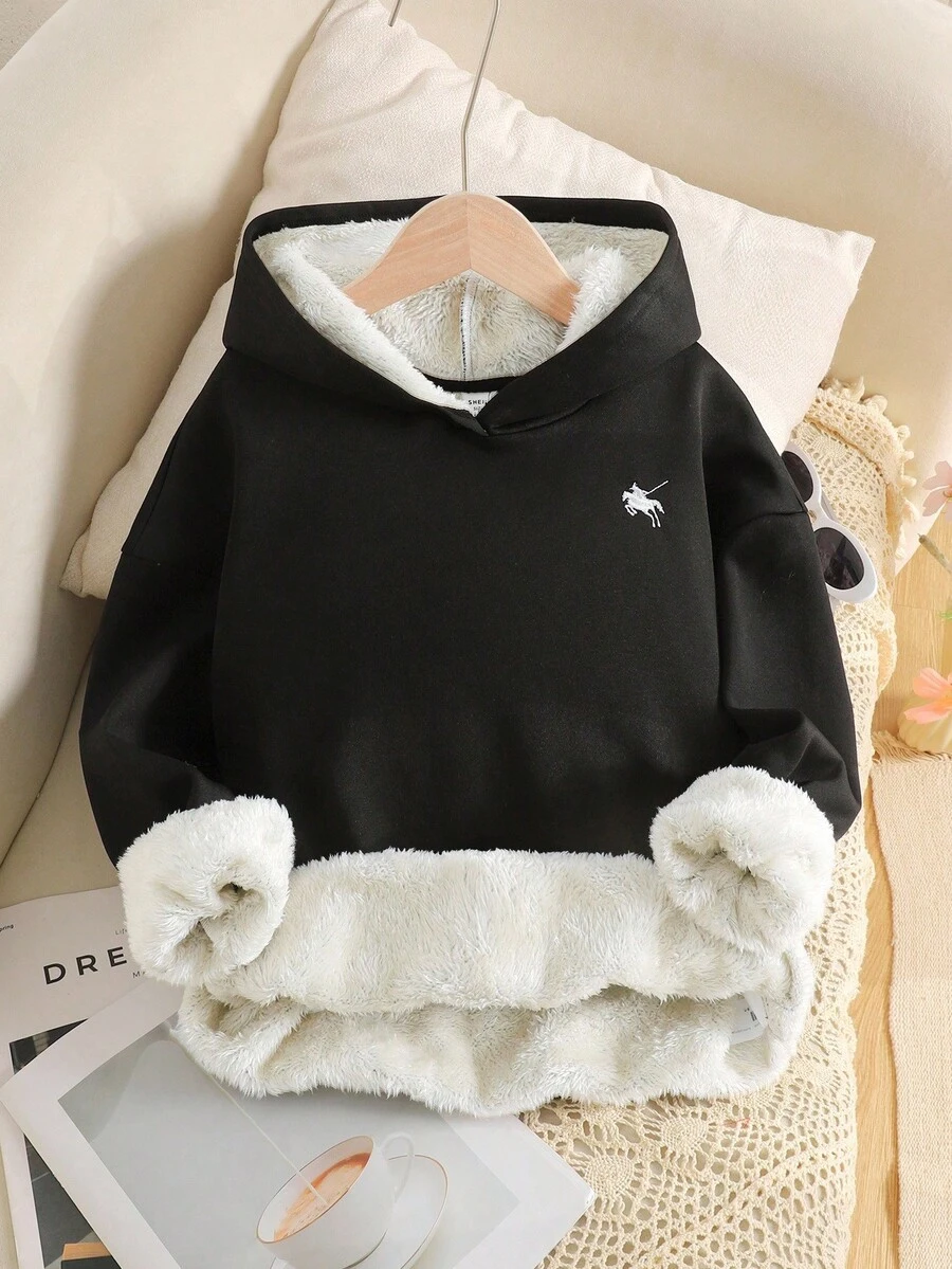 SHEIN 女童纯黑色休闲宽松版型保暖长袖卫衣,秋冬季款 - 黑色 - 查看 1