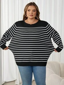 SHEIN CURVE+ 大码女式条纹圆领长袖休闲毛衣，秋冬针织上衣 - 黑與白 - 查看 7