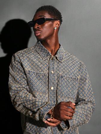 SUMWON Cotton Denim Jacket Textured Boxy Fit Button Front Detailed Stitch Print Classic Style Transitional Season Light Weight Casual Streetwear Fall Spring Outerwear