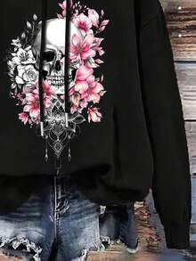 EMERY ROSE 大码女式休闲简约街头风骷髅印花落肩抽绳加厚黑色卫衣，适合Y2K、万圣节等场合，图案卫衣，女式骷髅卫衣，女式印花卫衣，黑色卫衣，适合秋冬季节穿着。 - 黑色 - 查看 4