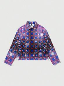 ROMWE MEN Street Life Unisex Gradient Plaid Blazer With Rhinestone Effect, Autumn/Winter Design - Red - View 5