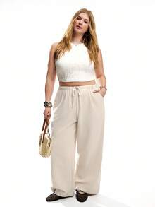 Solavibe 加大码亚麻纯色抽绳腰斜口袋阔腿裤 - 杏色 - 查看 2