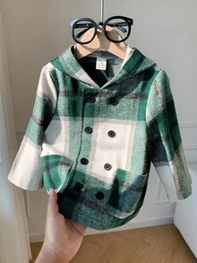 Baby Jungen/Mädchen karierte doppelreihige Kapuzenjacke aus Wollmischung in Mittellänge, lässig und vielseitig für Zuhause undOutdoorn, koreanischer Stil Baby Jungen Jacke in grünem Karomuster, Baby Jungen Jacke, Baby Jungen doppelreihige Jacke, Herbst Winter Kleidung für Kinder - Verschiedenfarbig - Übersicht 6