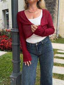 Jeta Ari Women Solid Fitted Short Cropped Long Sleeve Lightweight Casual Cardigan For Summer