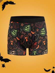 Notgurli Calzoncillos tipo bóxer de media longitud con estampado divertido de Halloween, fantasmas traviesos, fantasmas de caramelo, calabazas y calaveras fluorescentes que brillan en la oscuridad para fiestas familiares de Halloween - Negro - Ver 1