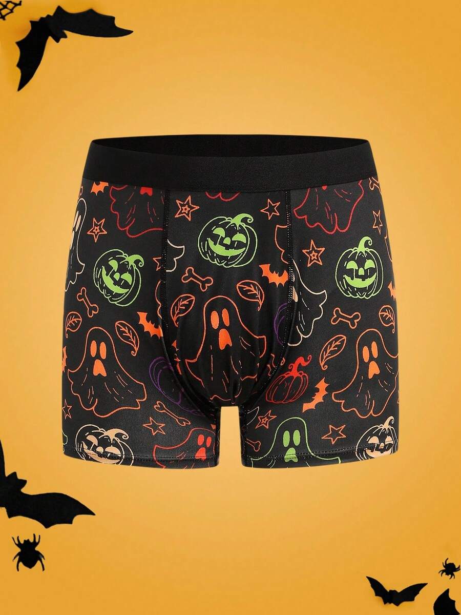 Notgurli Calzoncillos tipo bóxer de media longitud con estampado divertido de Halloween, fantasmas traviesos, fantasmas de caramelo, calabazas y calaveras fluorescentes que brillan en la oscuridad para fiestas familiares de Halloween - Negro - Ver 1