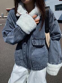 Livesso 女式秋季拼布仿毛领宽松牛仔夹克 - 藍色 - 查看 5