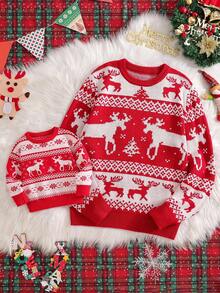 Suéter de cuello redondo rojo navideño lindo para niños pequeños