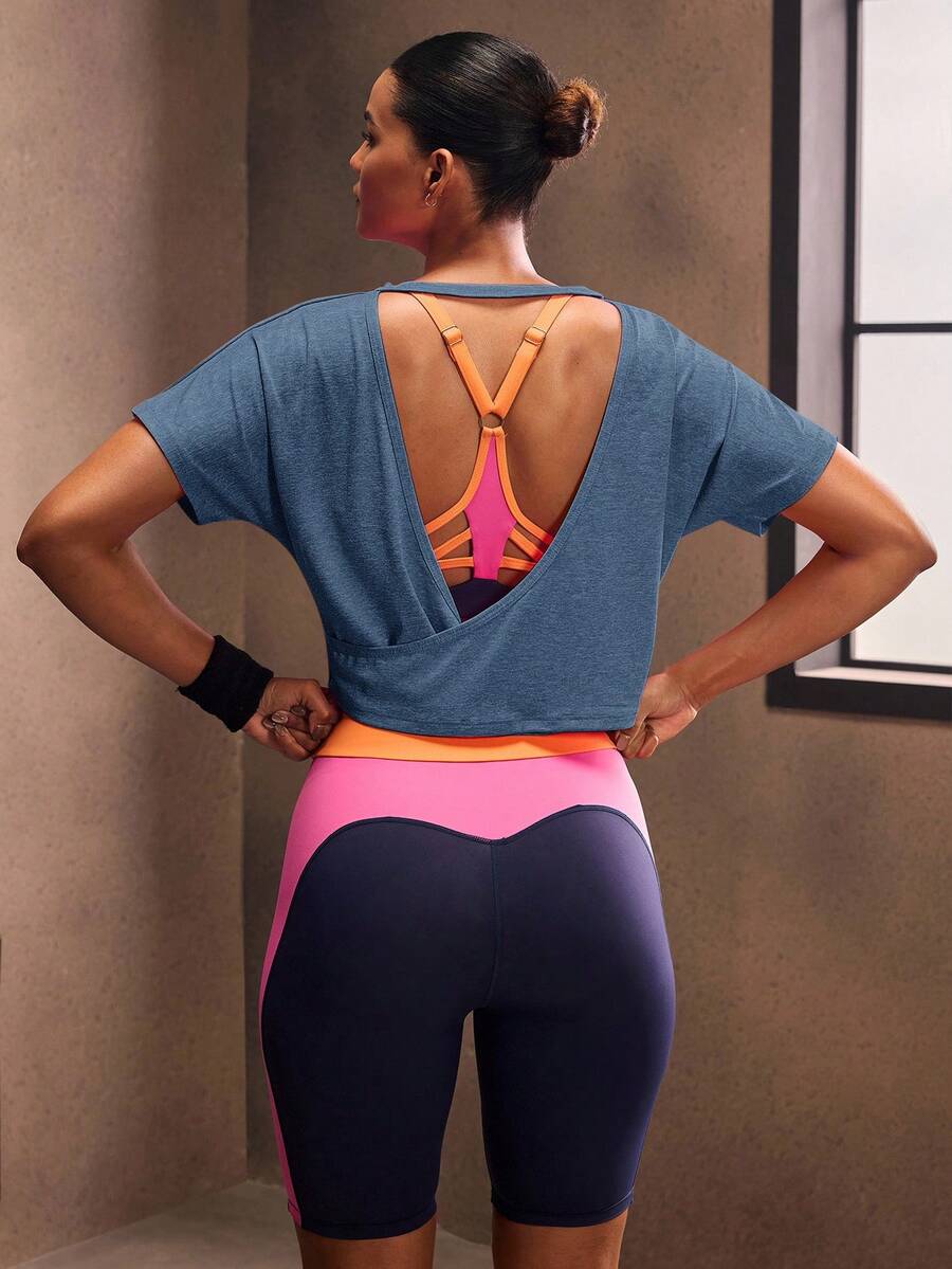 Powerista Áo thun thể thao tay cánh dơi hở lưng cho nữ tập gym - Màu xanh hải quân - Xem 1