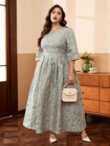 Auvina Váy dự tiệc màu xanh lá cây xòe cổ tròn tay lửng chất liệu vải jacquard sang trọng thanh lịch cỡ lớn - màu xanh lá - Xem 5
