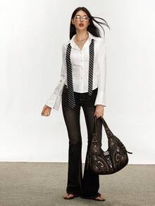 Rina Fox Women's Lace Up Asymmetrical Hemline Long Sleeve Elegant Blouse,Long Sleeve Tops Fall Cloth For Women - White - View 6