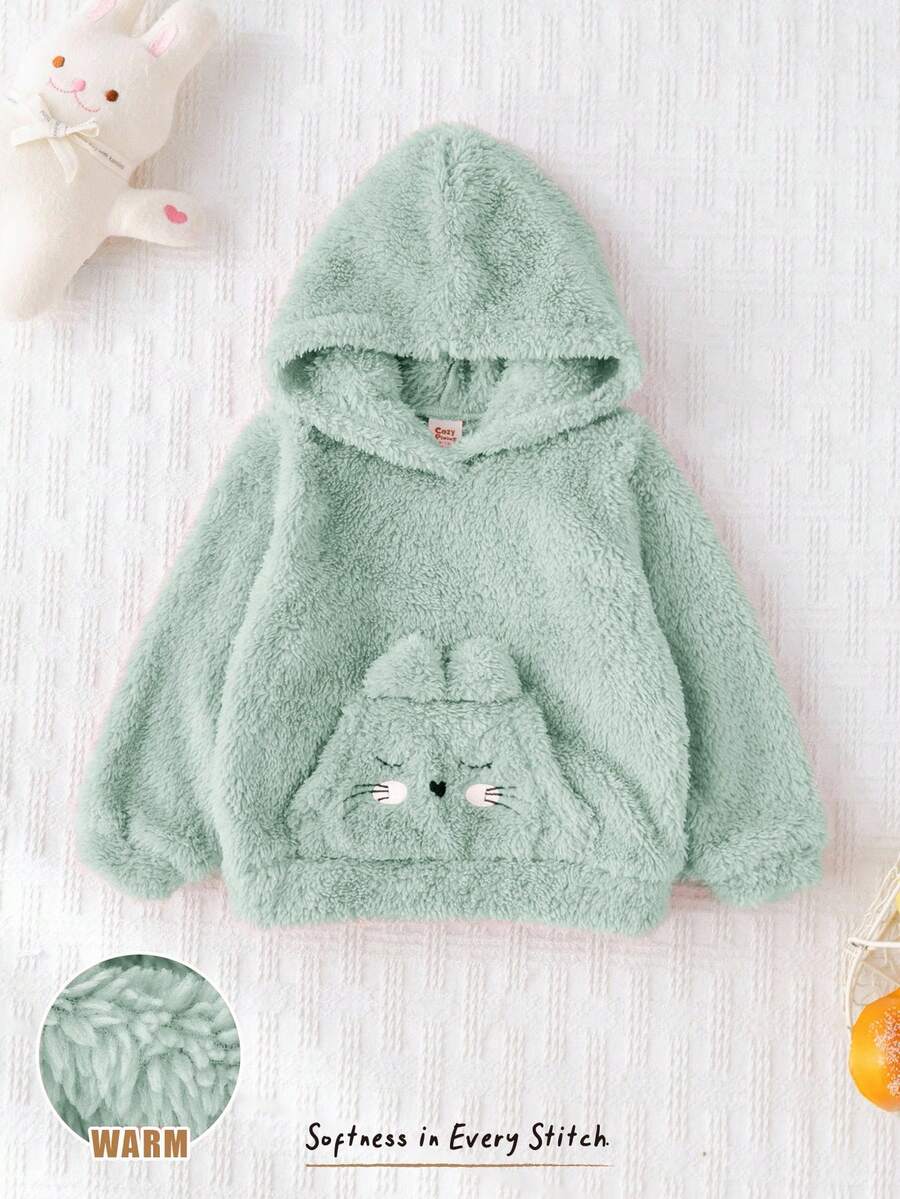 Cozy Pixies 秋冬女婴猫咪图案保暖连帽长袖套头衫 - 綠色 - 查看 1