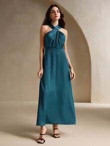 Anewsta 优雅交叉前无袖连衣裙，适合城市度假 - 藍色 - 查看 6