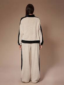 Lazeform Women's Plush Colorblock Zip-Up Collar Long Sleeve & Pants Pajama Set, Winter Jogger Sets For Women Comfy Sets Women Cozy Sets Women Lounge Wear Women Set Western Pajama Set Outfit, Fall Clothes