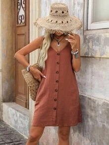 Brillora Button Front Cami Dress - Dusty Pink - View 3