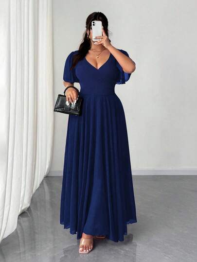 Elenzga Plus Size Women Chiffon Ruffle Sleeve V-Neck A-Line Dress, Simple Elegant Romantic Graceful Flowing