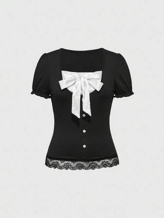 Kawaii قميص نسائي صيفي بأكمام قصيرة وطبقات منتفخة، يزينه رباط