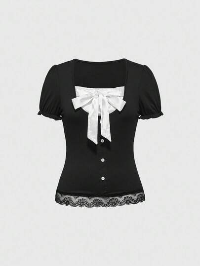 Kawaii T-shirt D'été Pour Femme À Manches Courtes Et Bouffantes Avec Décoration De Nœud