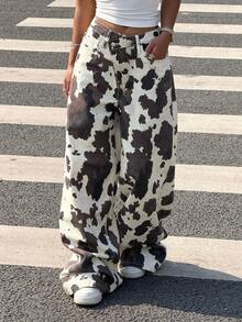 SHEIN 少女秋冬Y2K时尚都市街头酷炫风白色牛仔奶牛纹不对称腰带宽松牛仔裤，适合秋冬日常穿着、街头风、返校季、圣诞节和万圣节装扮。 - 彩色 - 查看 5