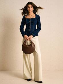 Poéselle 女式秋季金属单排扣天鹅领长袖时尚牛仔夹克深蓝色上衣法式风格衣服女式牛仔上衣女式西部上衣女式束腰上衣商务休闲女式长袖女式工装裤 - 深色水洗藍 - 查看 4