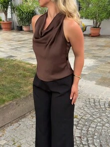 Jeta Ari 優雅女士杏色披肩領頸結簡易襯衫 - 咖啡棕 - 查看 3