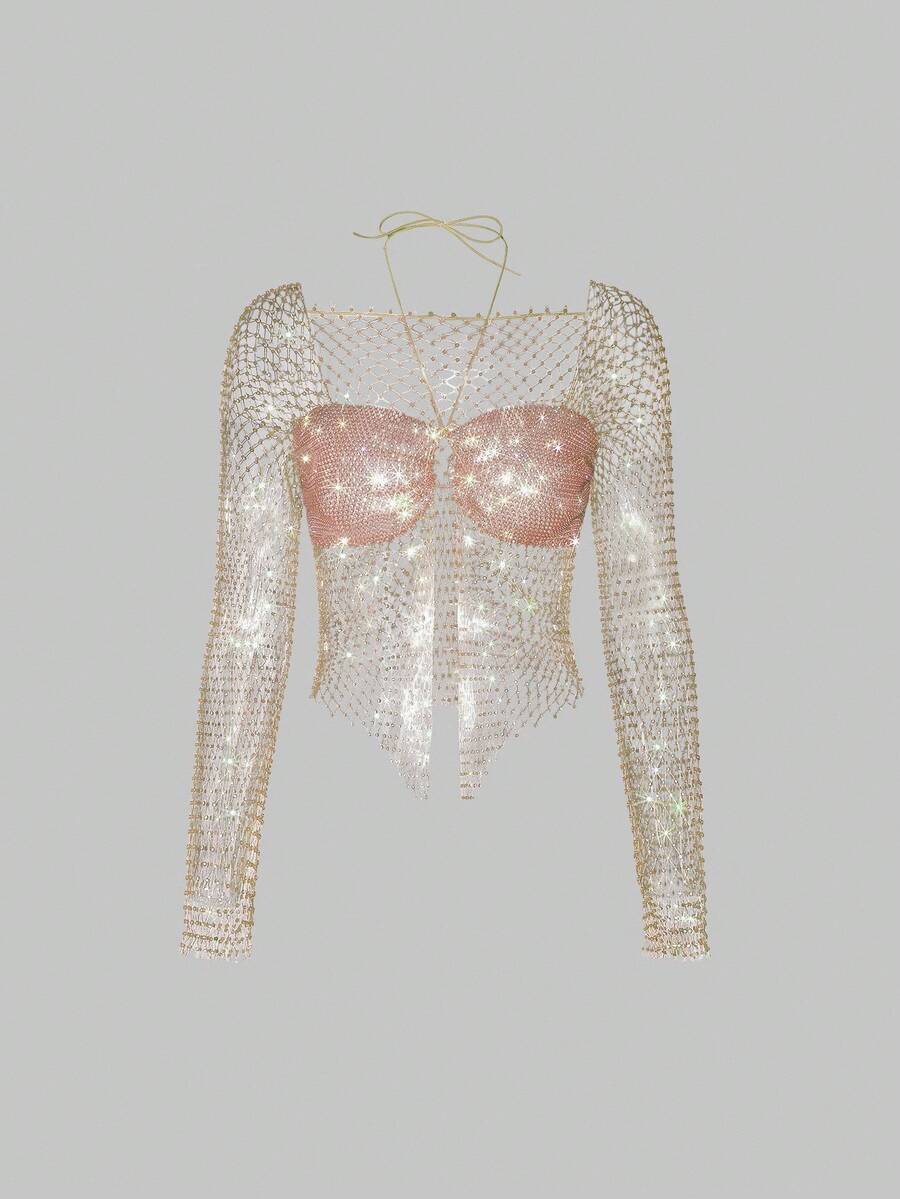 EgrlEra Women's Rhinestone Fishnet Cropped Top, Suitable For Bar, Party, Music Festival