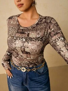 SHEIN VCAY Plus Size Women Casual Bohemian Paisley Print Round Neck Long Sleeve Pullover T-Shirt, Versatile For Holiday & Daily Wear, Autumn/Winter