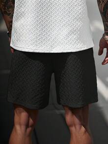 Manfinity CasualCool 男士夏季梯形提花网眼面料短裤，罗纹领口和抽绳，送给男朋友或丈夫的精美礼物，黑色短裤，男士，男士短裤，设计师短裤，男士，街头潮流短裤，纹理短裤，男士