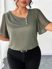 Elenzga Plus Size Asymmetrical Ruffle Collar Button Decor Short Sleeve Elegant Blouse - Army Green - View 6