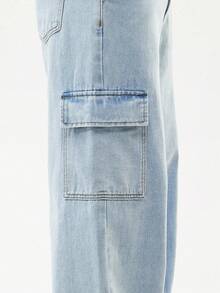 SHEIN Teen Boys' Casual Washed Light Blue Cargo Jeans, Comfortable Relaxed Fit With Elastic Waistband