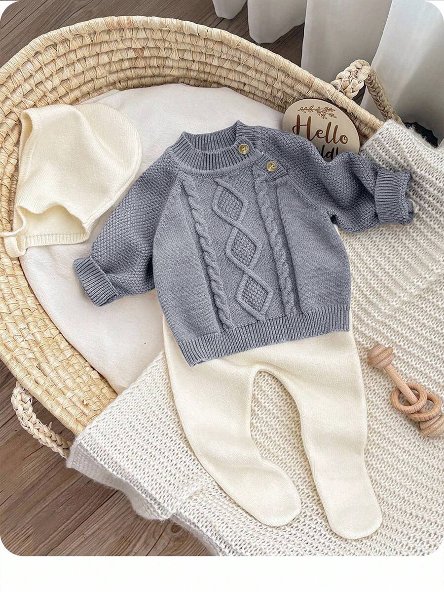 SHEIN Neugeborenen Baby Lässig Langarm-Oberteil, Hose und Mütze Komplett-Set für Herbst und Winter, Mädchen