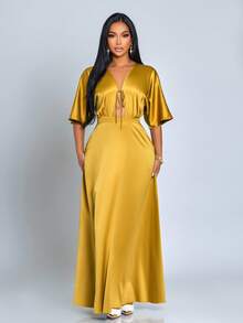 SOLERSUN Women's Mustard Yellow Summer Elegant Party Night Satin Long Dress,Old Money Minimalist V Neck Glossy Banquet Gala Prom Outing Clothing For Ladies - Mustard Yellow - View 3