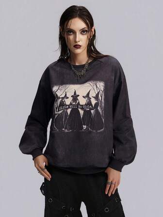 Breakform 女士时尚万圣节女巫图案万圣节派对服装，超大落肩长袖圆领宽松运动衫