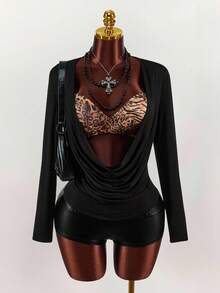 Áo bra dài tay cổ khoét sâu họa tiết da báo phong cách Y2K Amplova dành cho nữ, gợi cảm và phá cách, phù hợp mặc hàng ngày, dáng rộng, kiểu Y2K, áo nữ phong cách Gothic, áo liền thân dài tay gợi cảm, trang phục Halloween cho du lịch hàng ngày, áo đen. - màu đen - Xem 1
